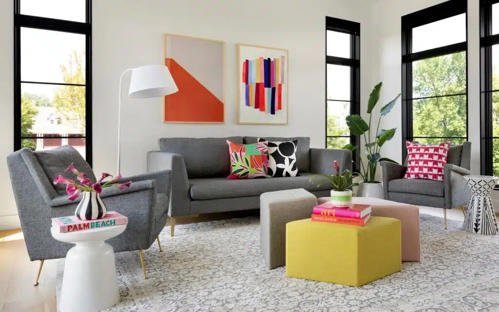 Modern living room using 600-30-10 rule and pop-of-color.