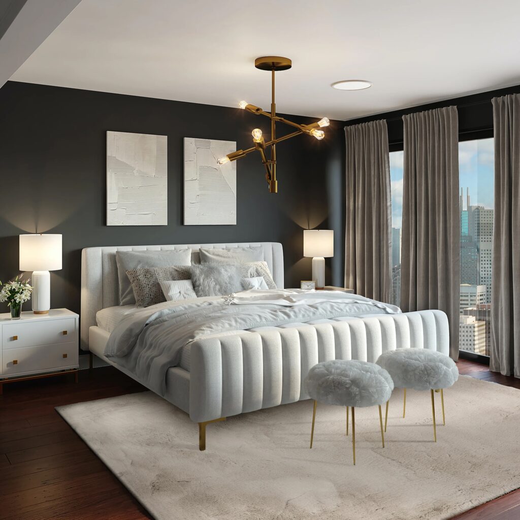 Modern bedroom with a soft gray  Wayfair rug, tufted bed, and gold accents from our affordable rugs in NYC guide.