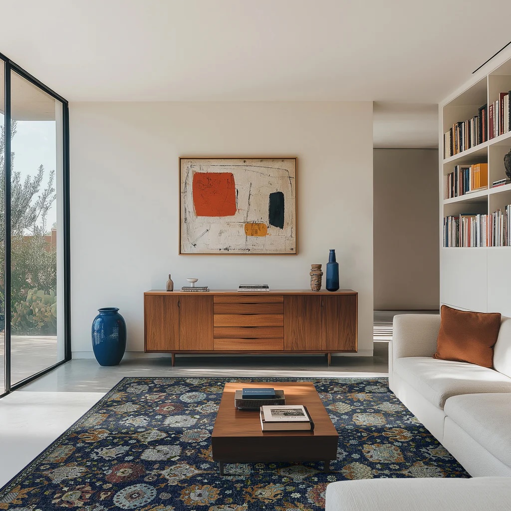 Modern NYC living room with a navy floral rug from Tumble, featured in our guide to affordable rugs in NYC.