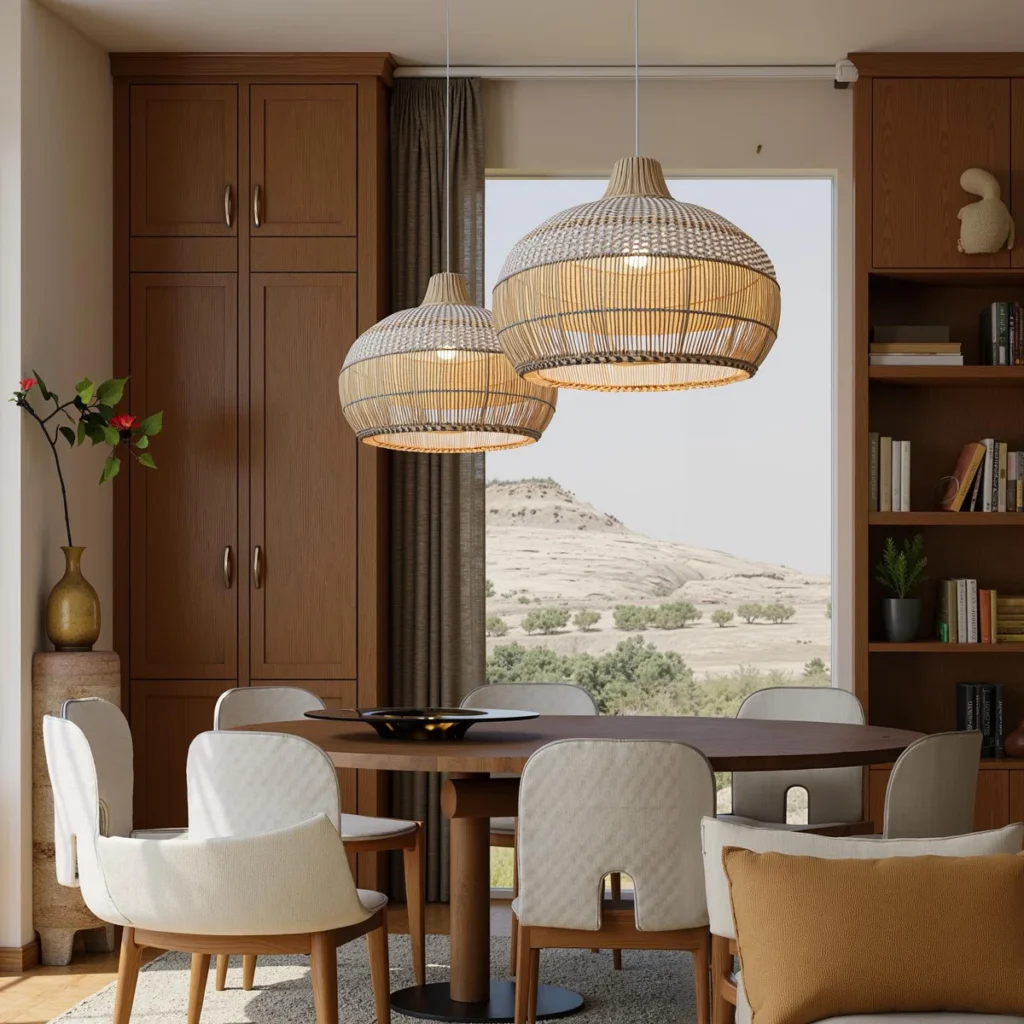 Modern dining room with round table, upholstered chairs, and pendant lighting.