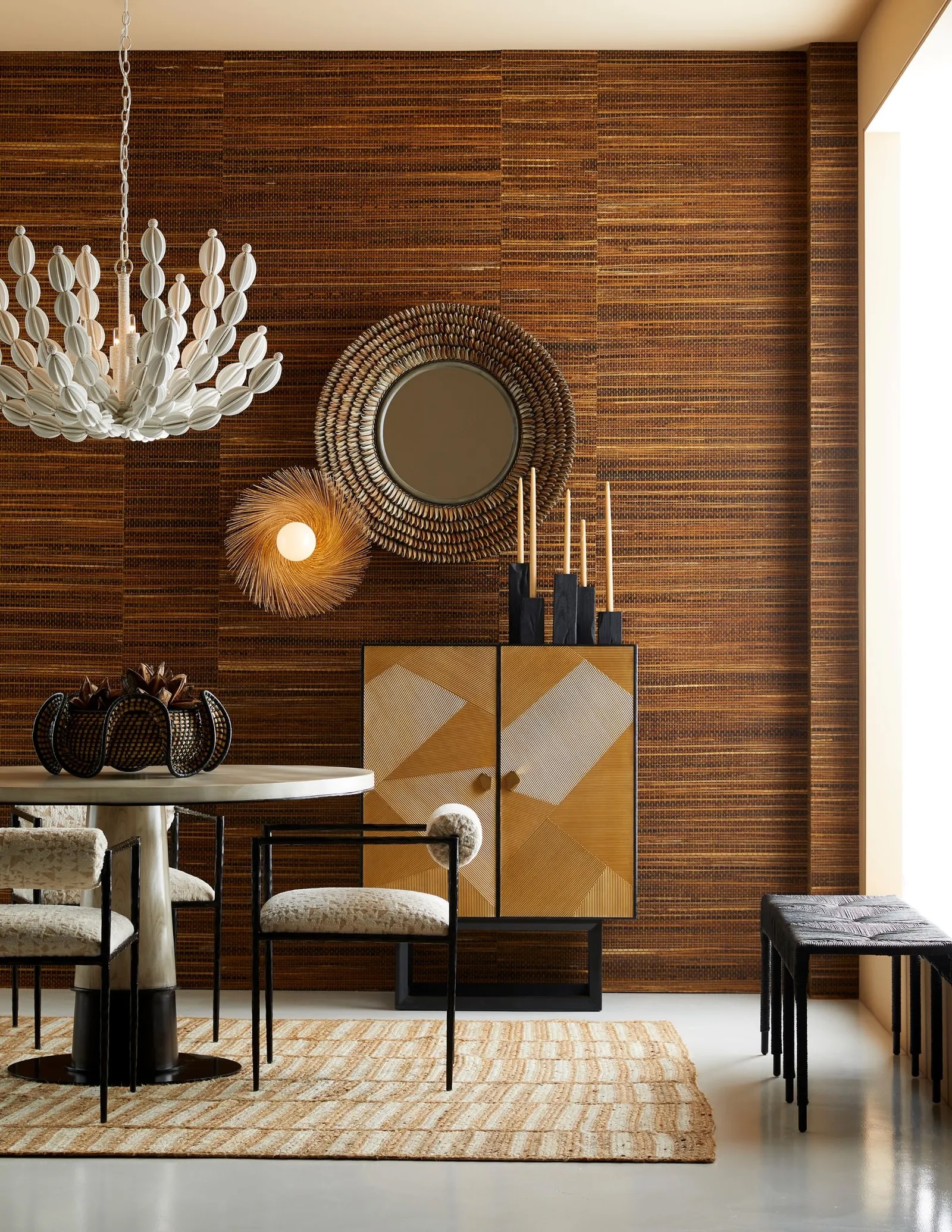 Modern dining room ideas use a sideboard for storage.