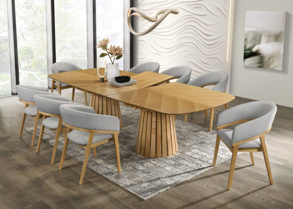 Modern dining room with gray upholstered mid-century chairs from our affordable modern dining chair guide.