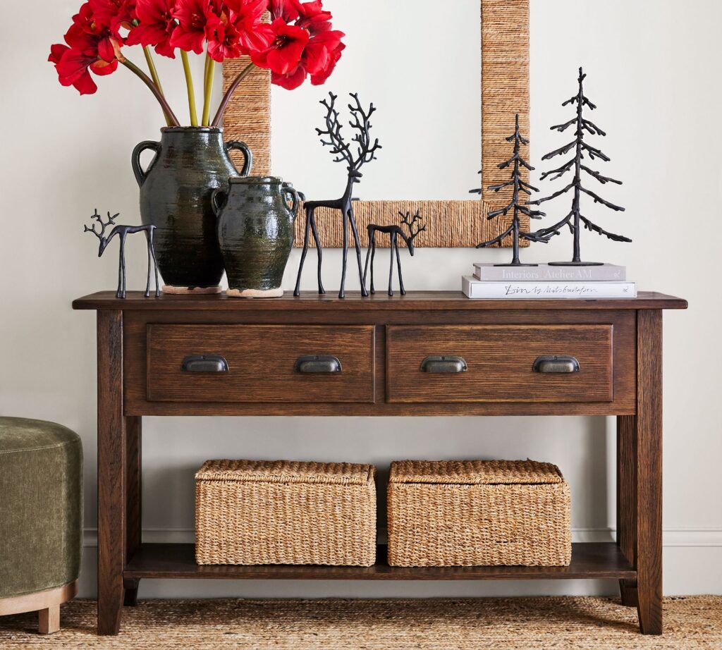 Console table with bronze sculpted reindeer from Pottery Barn.