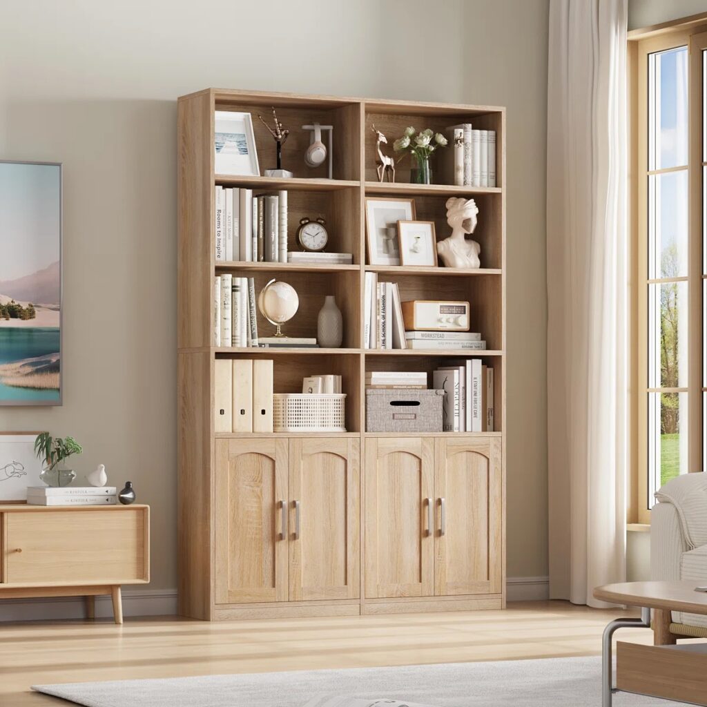 Tall storage bookcase in light oak from our renter-friendly interior design guide.