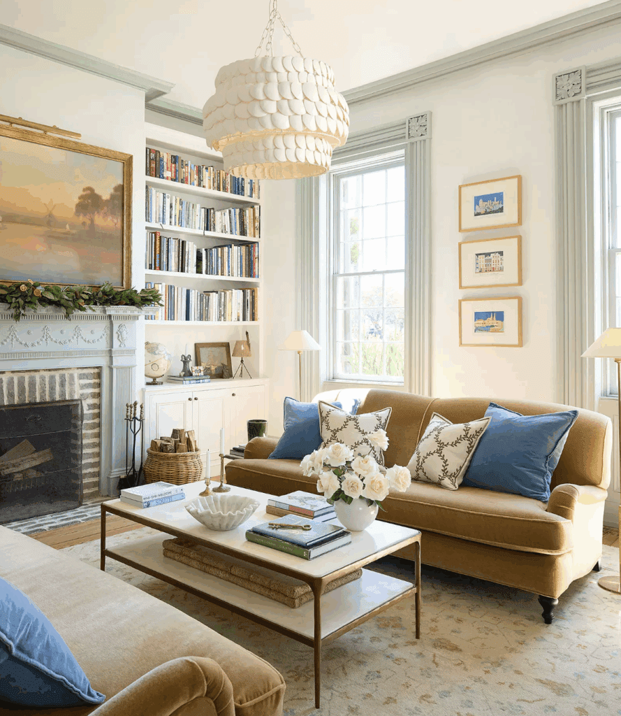 Living room with mustard velvet sofas, blue throw pillows, art and books from our interior design resolutions for 2026 guide.