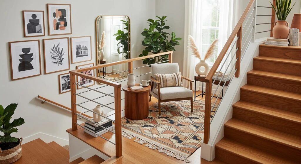 Landing with reading nook chair, side table, and stacked books.