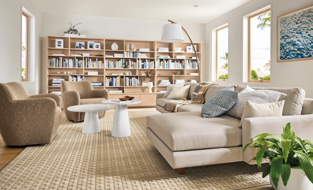 Boucle accent chair in a modern living room showing textured upholstery.