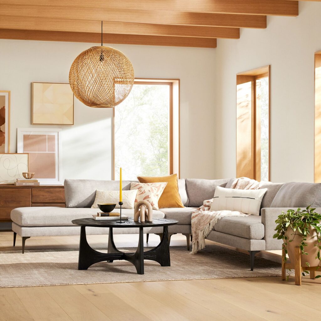 Modern living room with balanced colors, features, and decor.