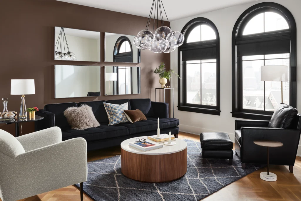 Modern living room where furniture and decor are arranged with clear visual hierarchy.