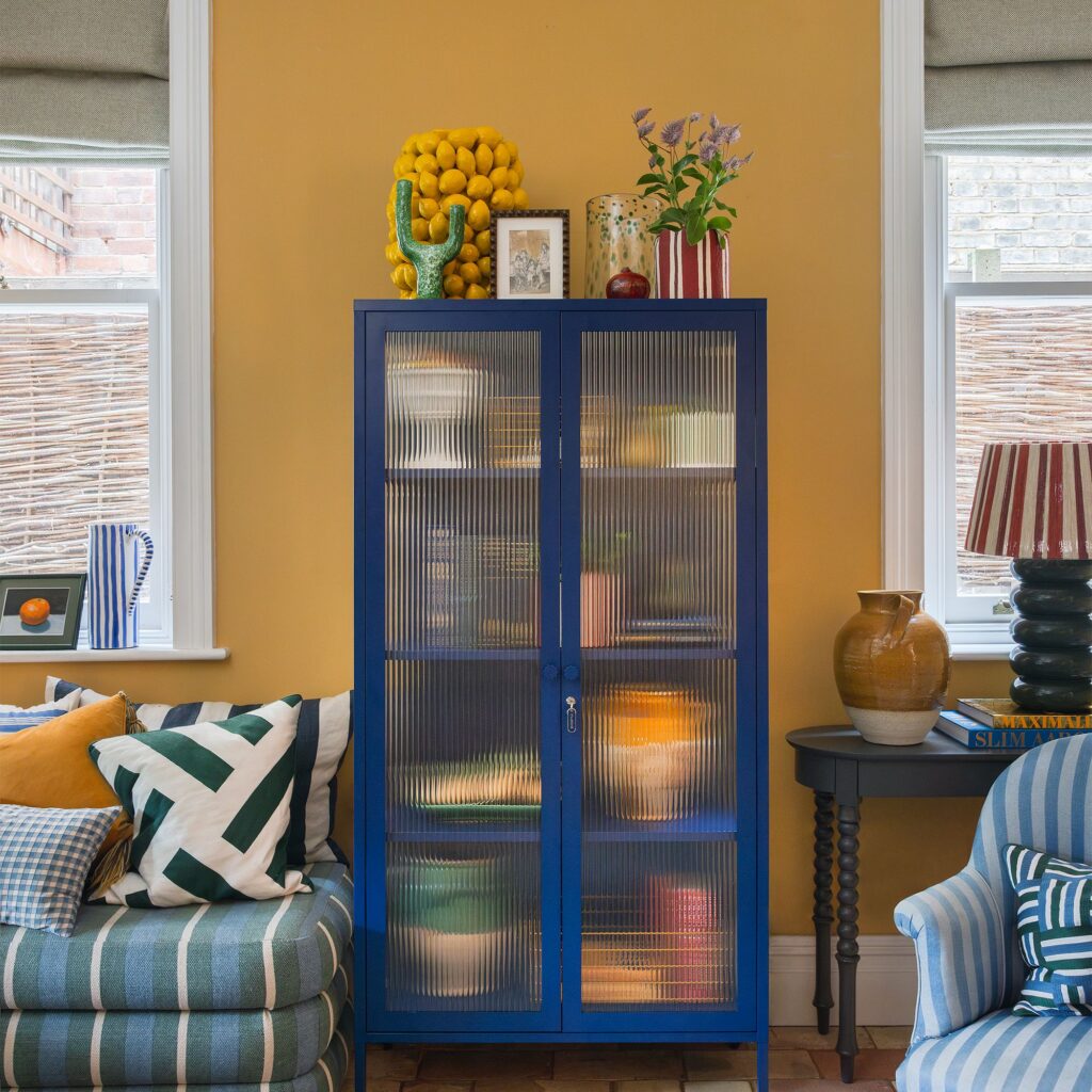 Glass cabinet in a modern living room.