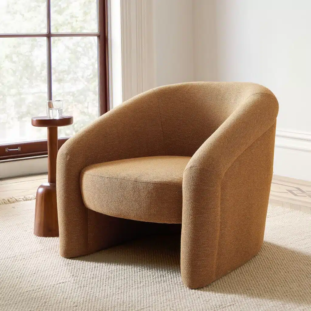 Modern accent chair with a side table styled in an empty living room corner.