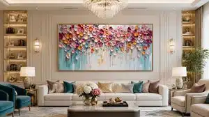Large framed artwork spanning most of the sofa width in a modern living room.