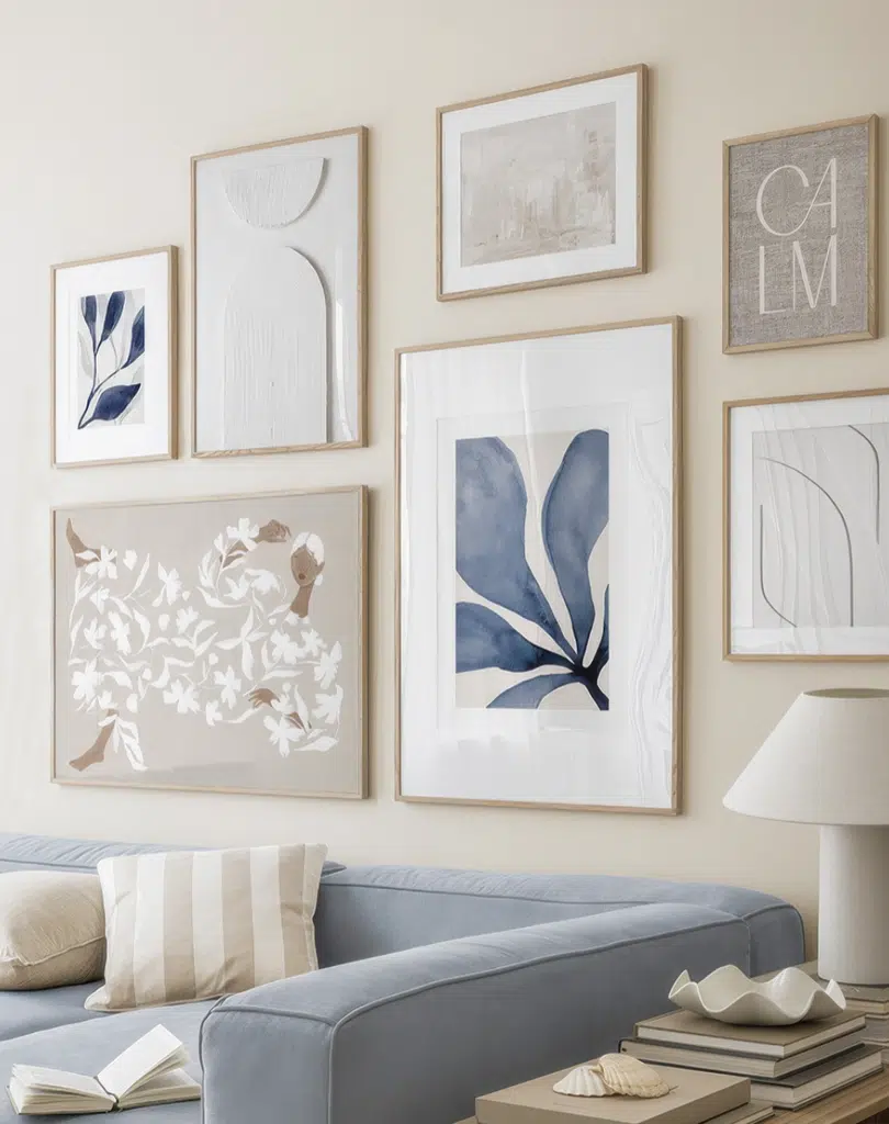 Modern gallery wall with coordinated framed artwork arranged above a living room sofa.