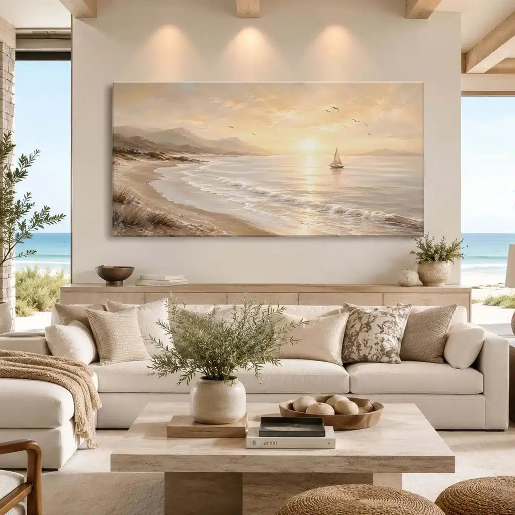 Oversized framed artwork properly scaled above a sofa in a modern living room.