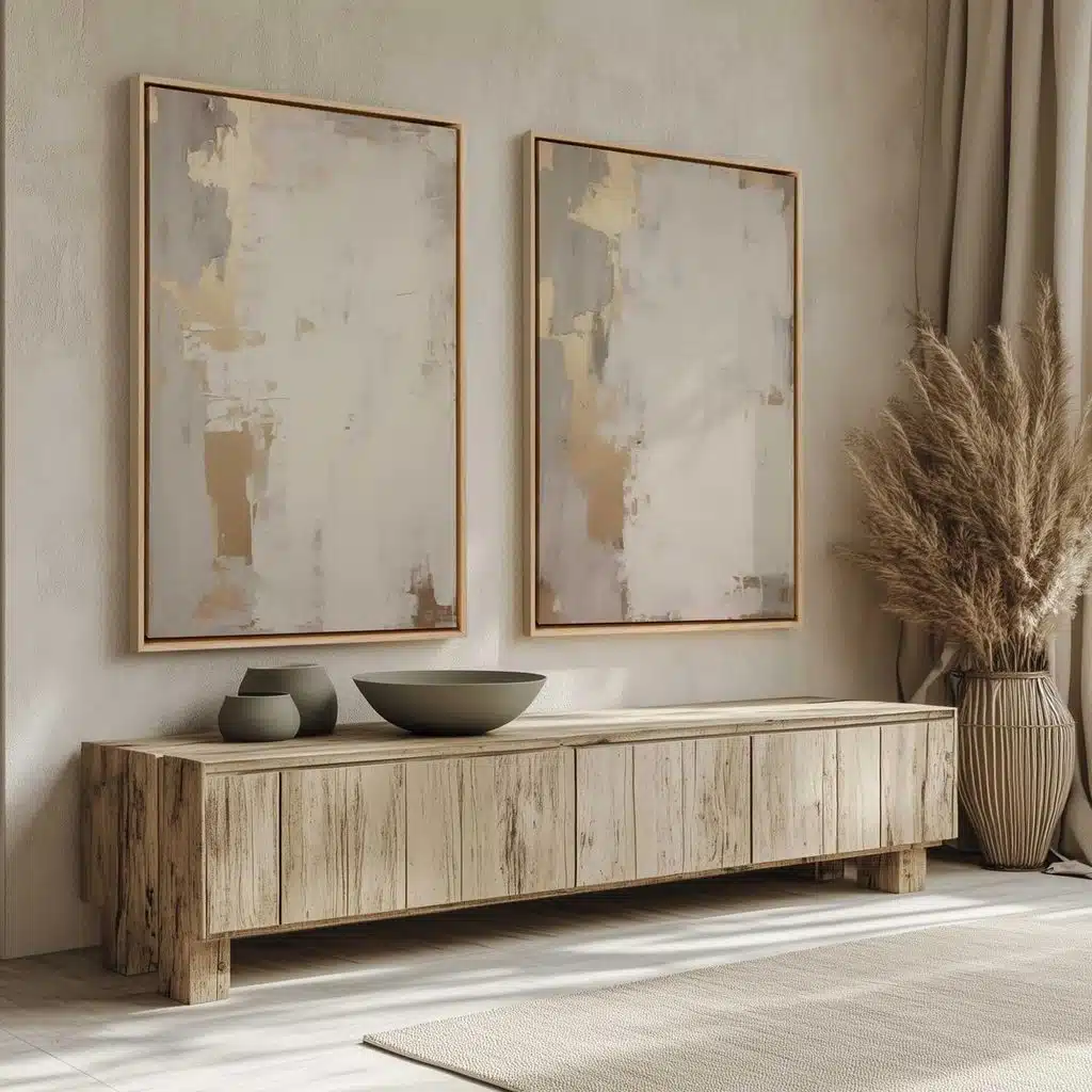 Modern living room wall decor with oversized abstract artwork above a neutral console.